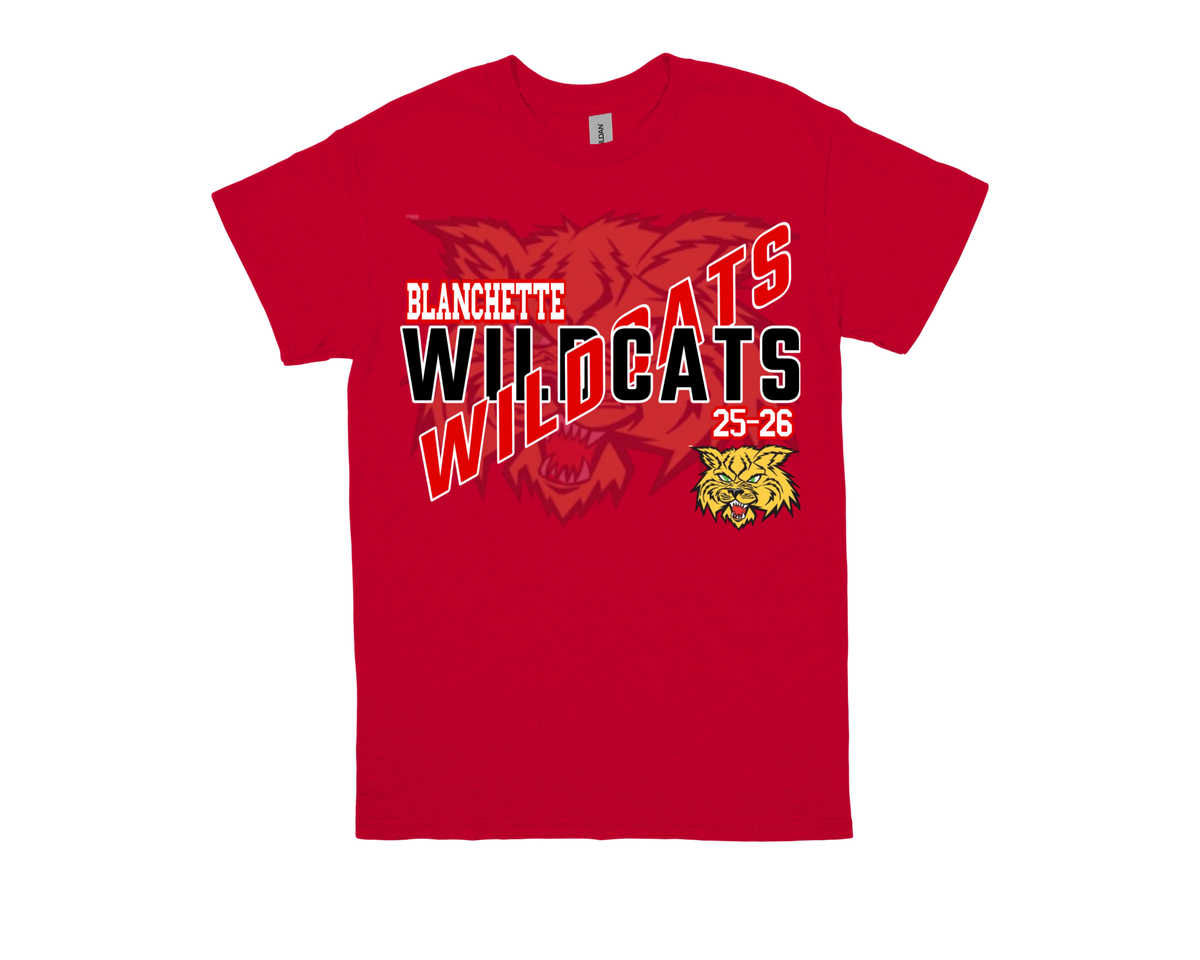Red Blanchette Wildcats shirt with bold team logo and wildcat graphic for school spirit