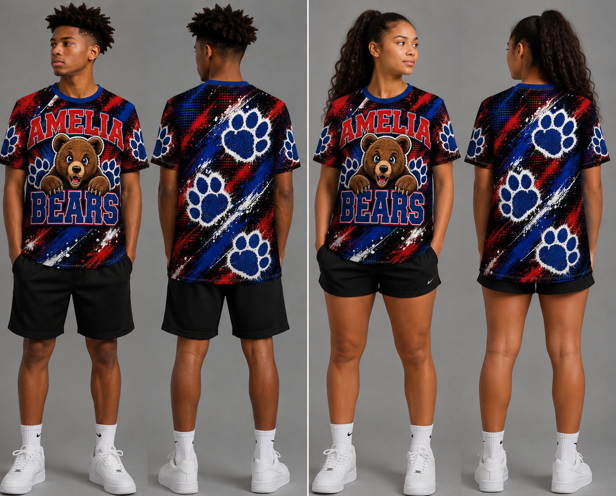 Amelia Elementary sublimation jersey in navy with red, white and black paw-print bear design, short sleeves