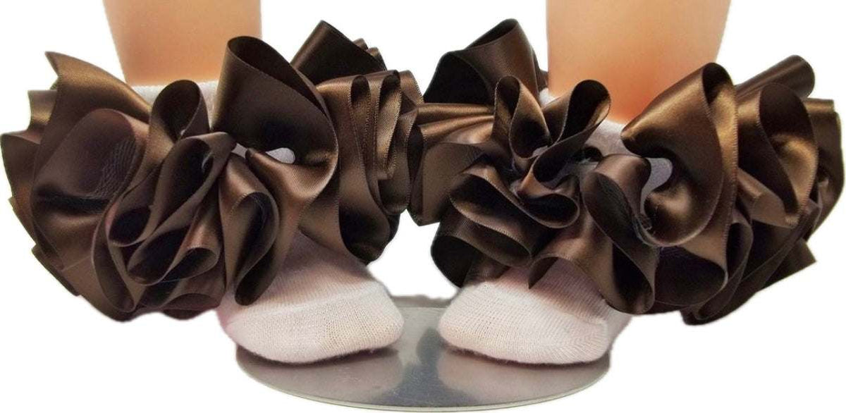 brown single color anklets with ruffled satin design on white socks