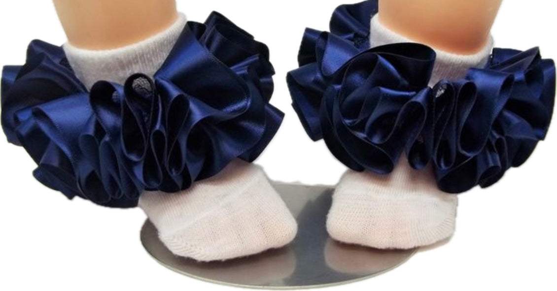 White socks with navy blue ruffled single color anklets accessory