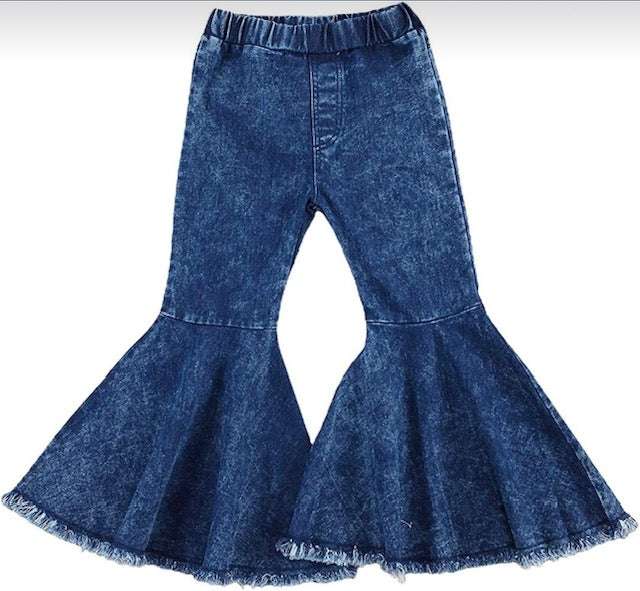 Blue school uniform flare pants with elastic waistband and wide bell-bottom design