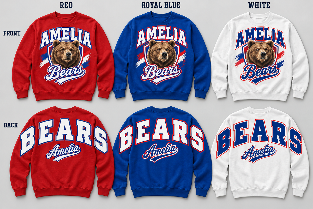 Amelia Bears front and back pullovers in Red Royal Blue and White