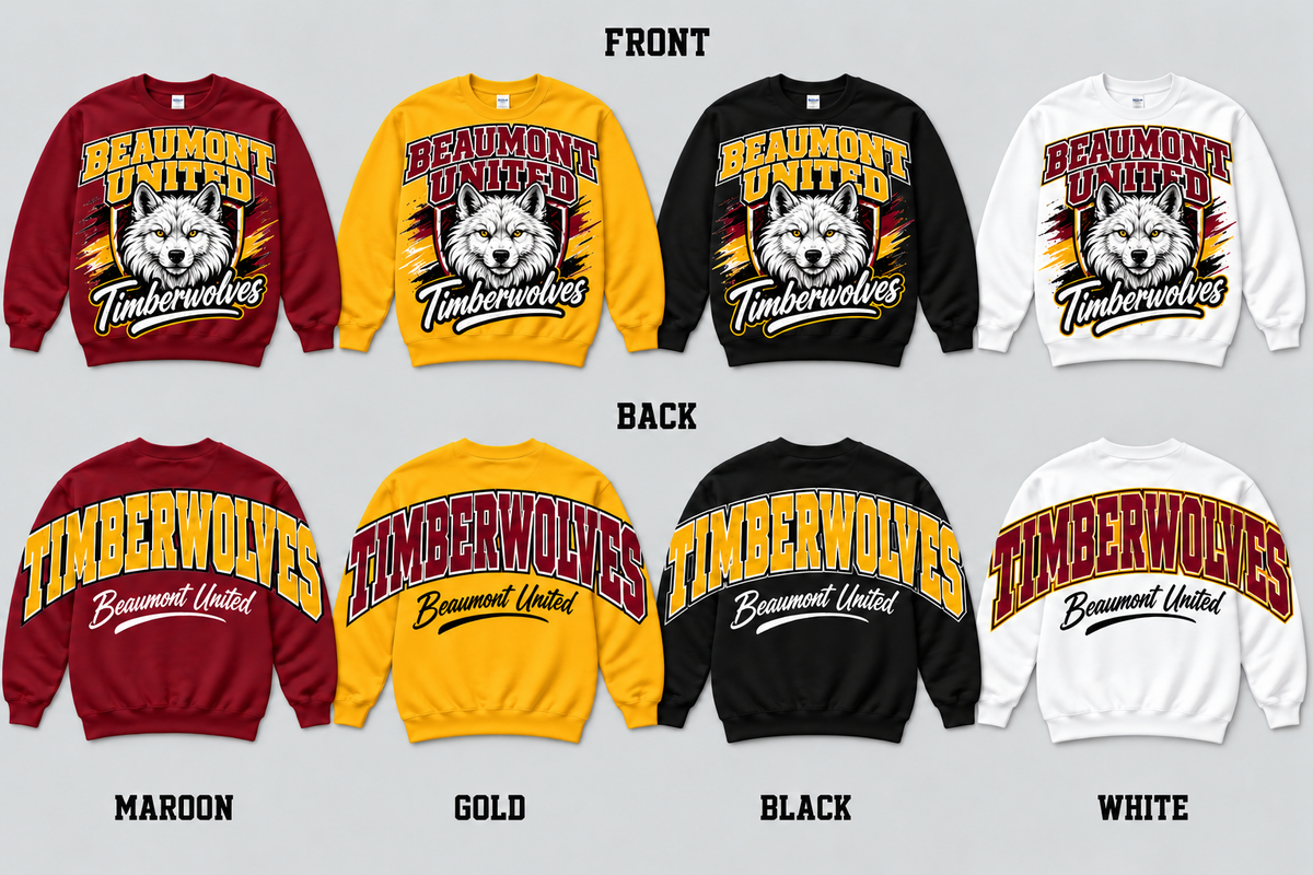 Beaumont United pullover with redesigned white Timberwolf front and oversized TIMBERWOLVES back in Maroon Gold Black White