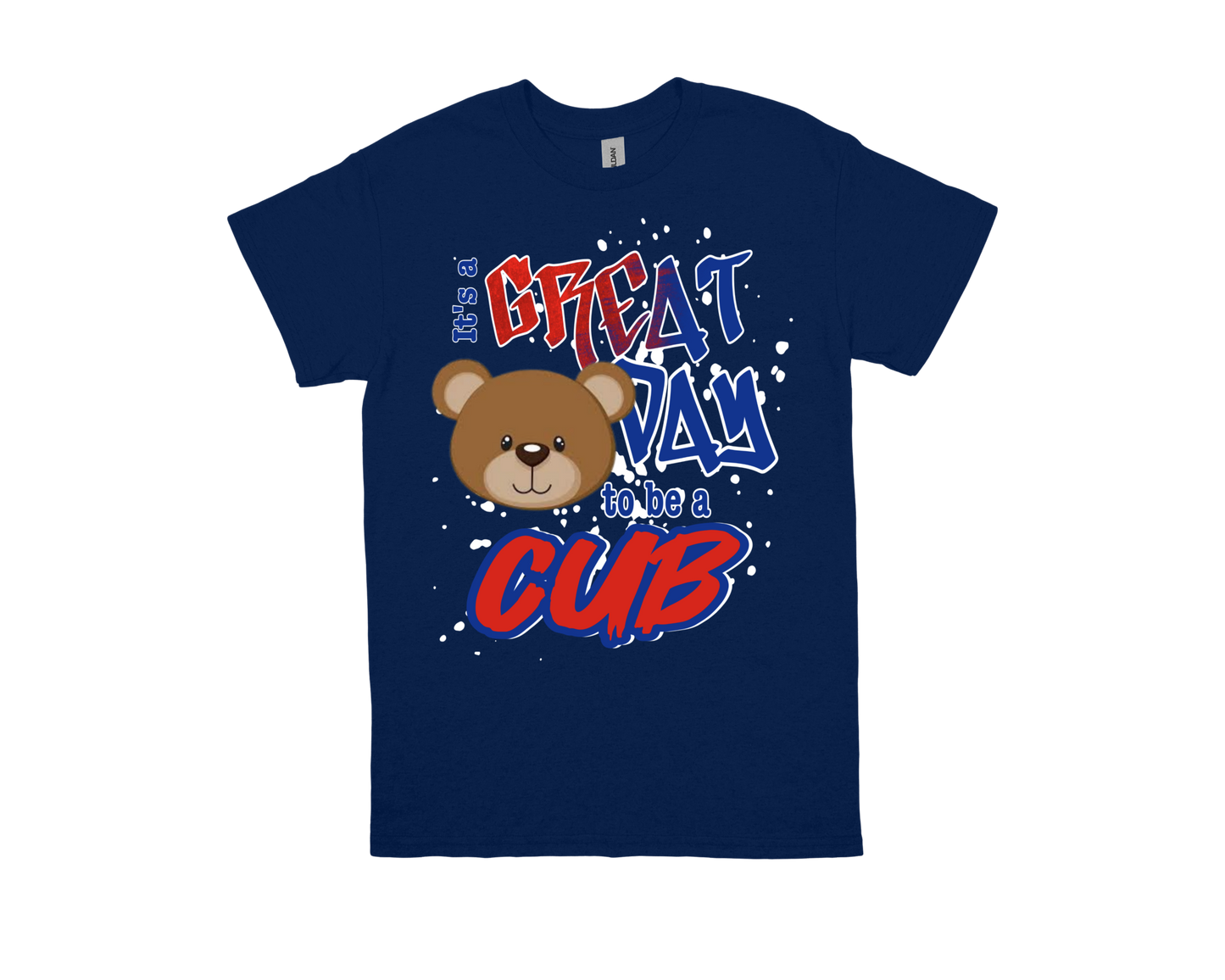 Caldwood navy school spirit t-shirt with "Great Day to be a Cub" text and bear cub graphic