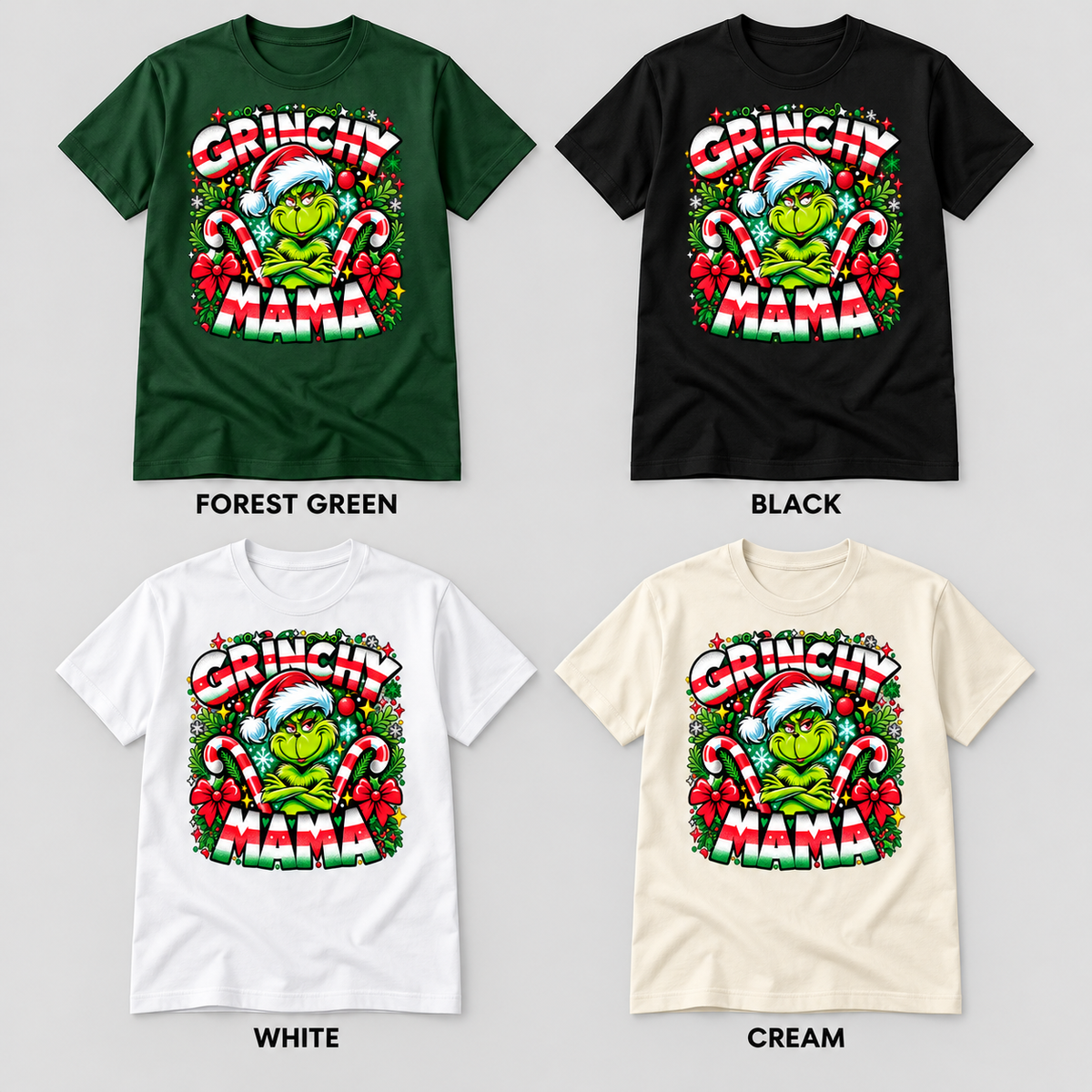 Grinchy Mama T-shirt in Forest Green, Black, White and Cream