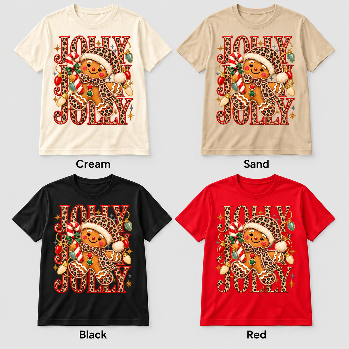 Jolly Leopard Gingerbread shirt color options