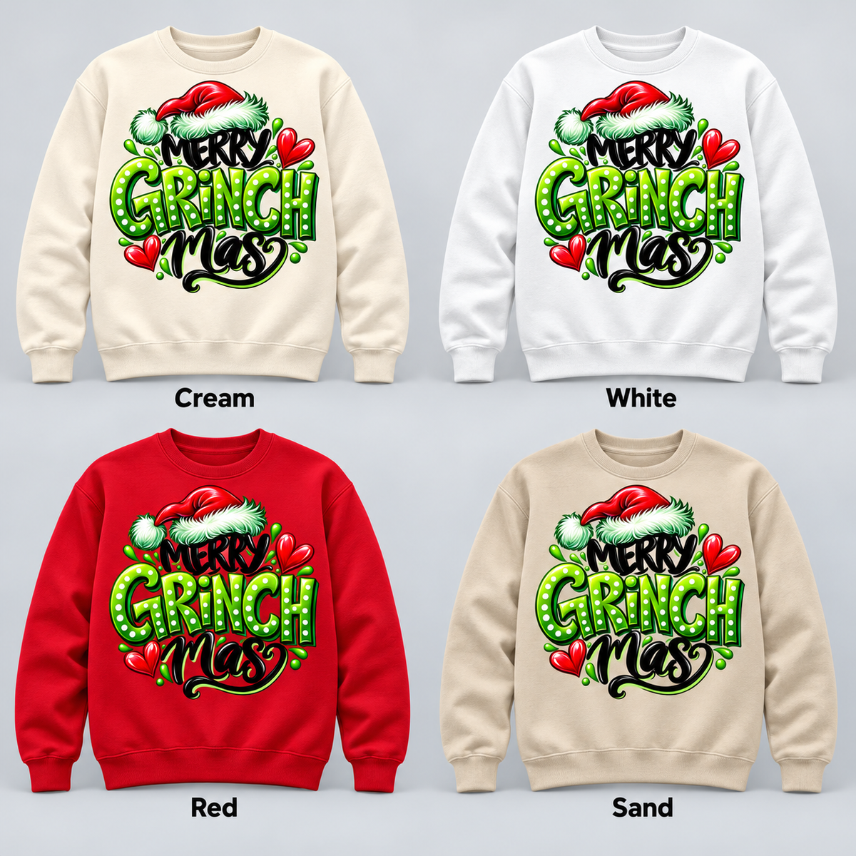 Merry Grinchmas pullover in Cream, White, Red and Sand