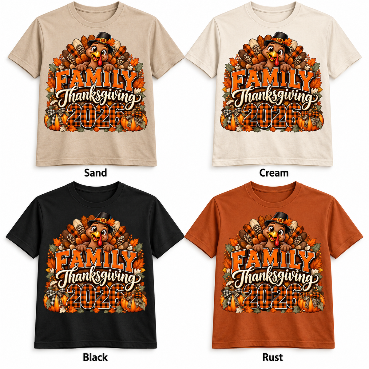 Family Thanksgiving 2026 — Turkey & Plaid — T-Shirt in Sand, Cream, Black and Rust