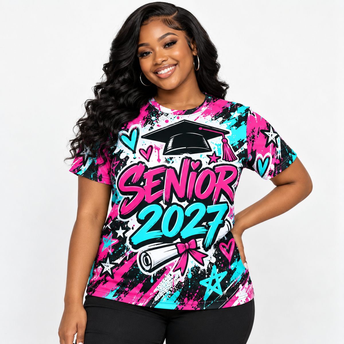 Illustrative Senior 2027 all over shirt mockup with model; personalization varies