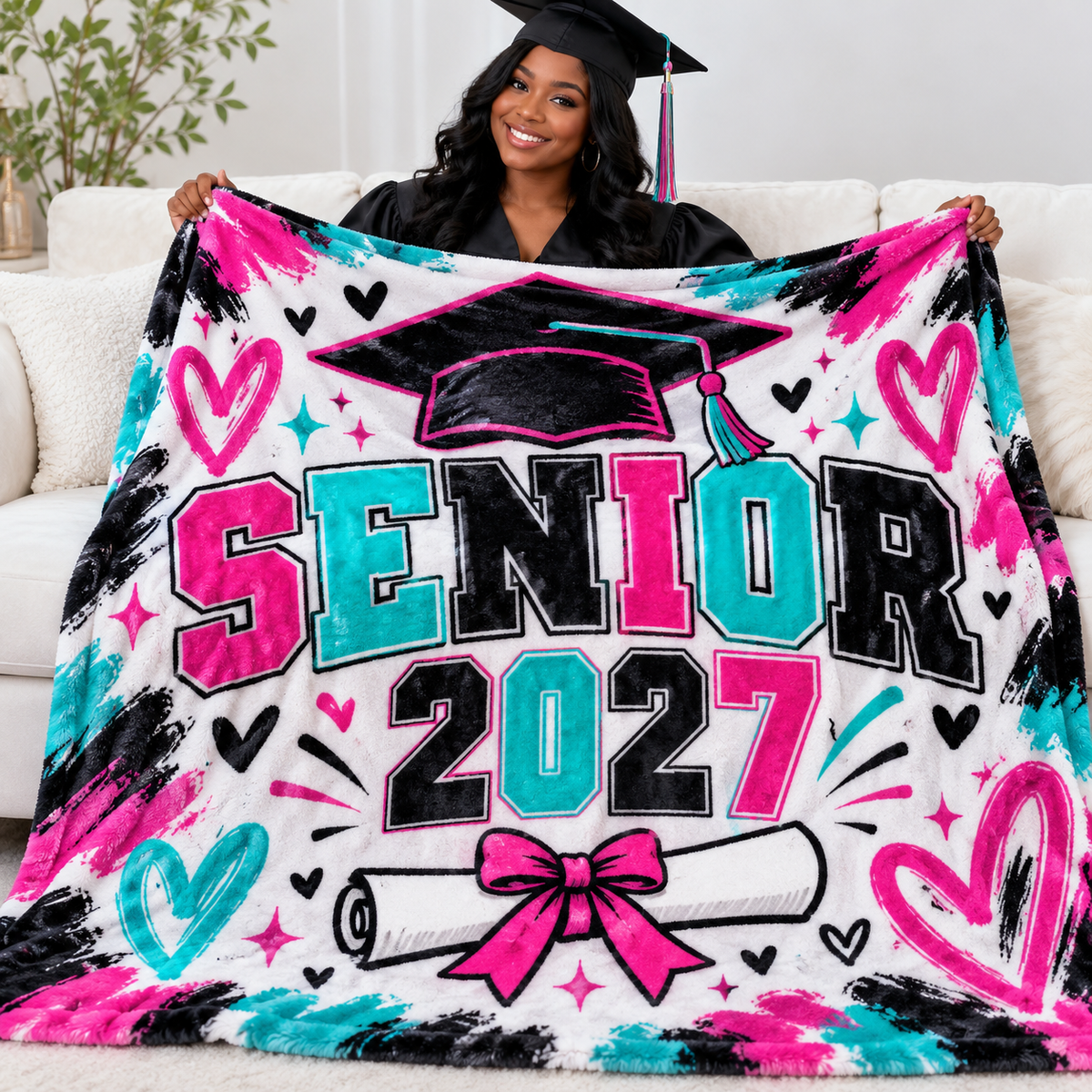 Illustrative Senior 2027 blanket mockup with model; personalization varies