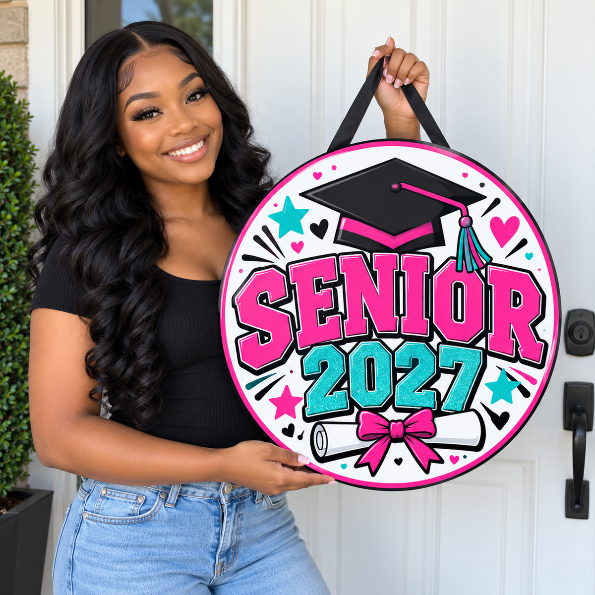 Illustrative Senior 2027 door hanger mockup with model; personalization varies
