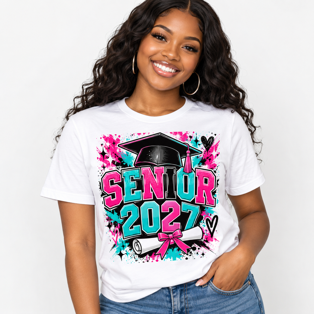 Illustrative Senior 2027 regular shirt mockup with model; personalization varies