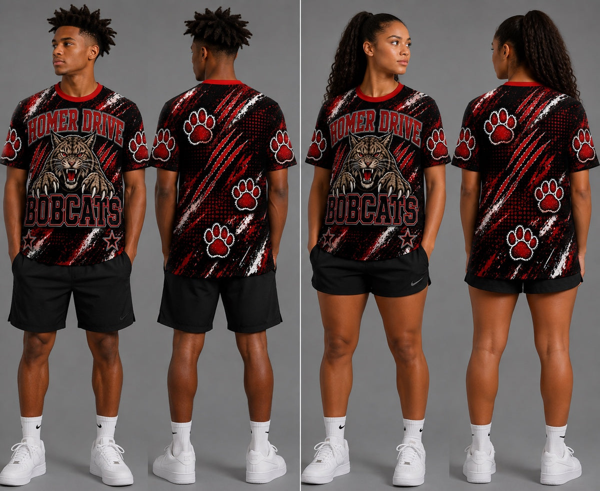 Homer Drive Bobcats all-over shirt front and back mockups