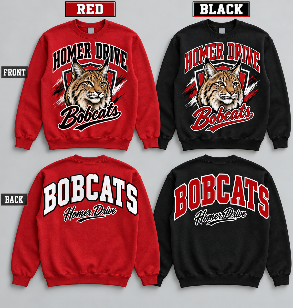Homer Drive Bobcats front and back pullovers in Red and Black