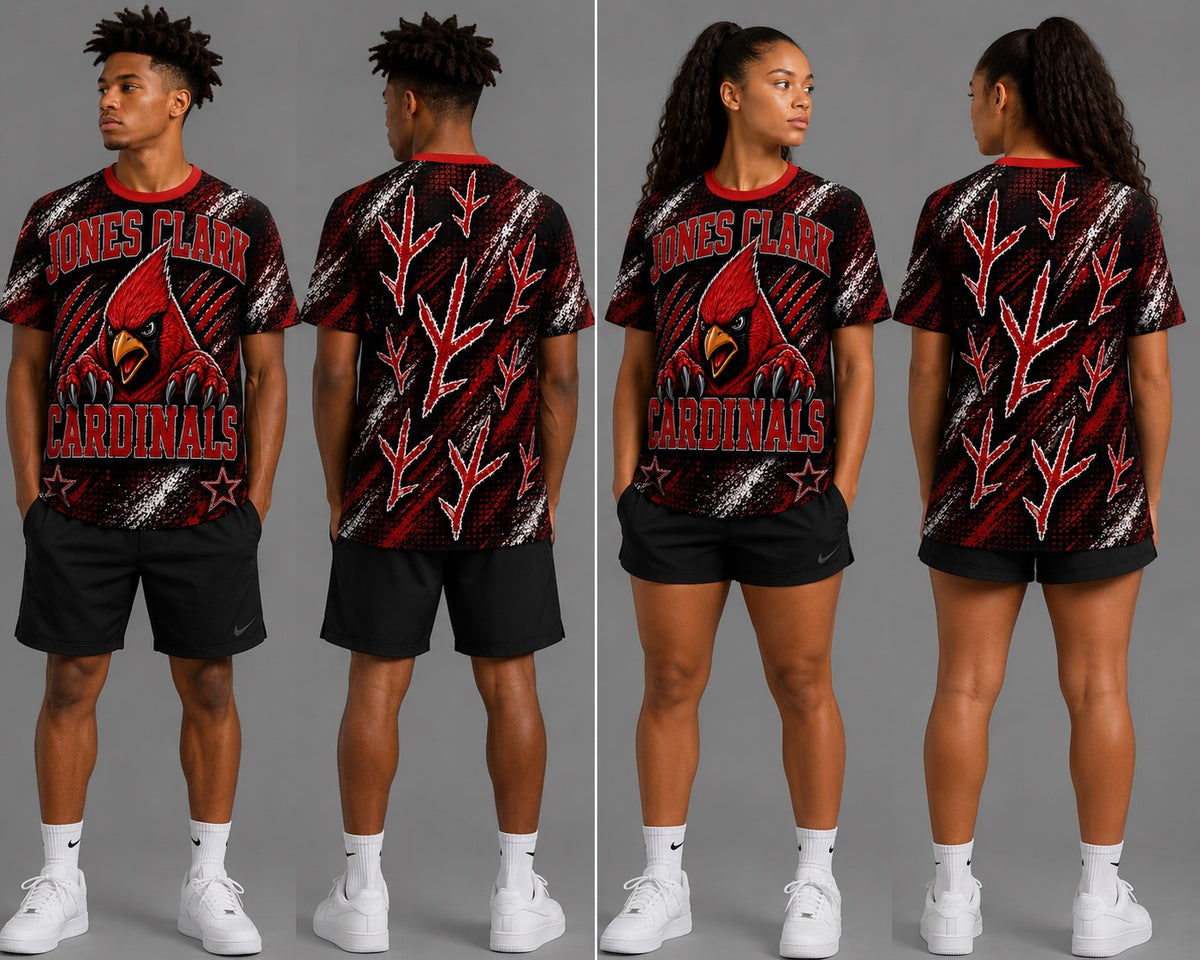 Jones Clark Cardinals all-over shirt front and back mockups