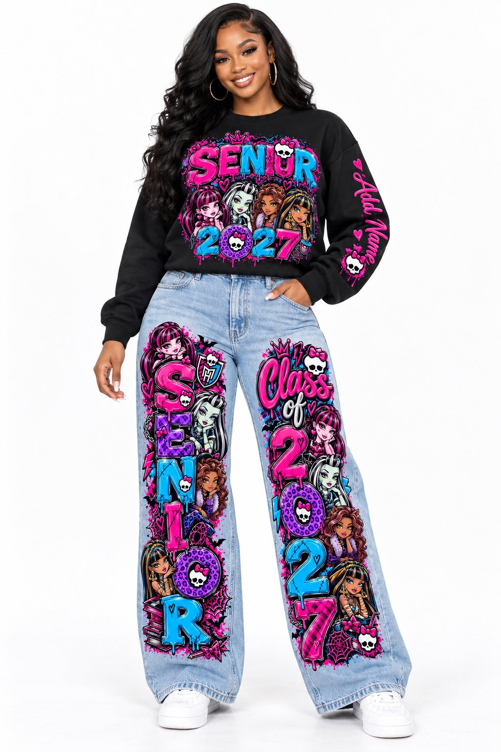 Monster High Graffiti Senior 2027 sweatshirt and wide-leg jeans outfit mockup