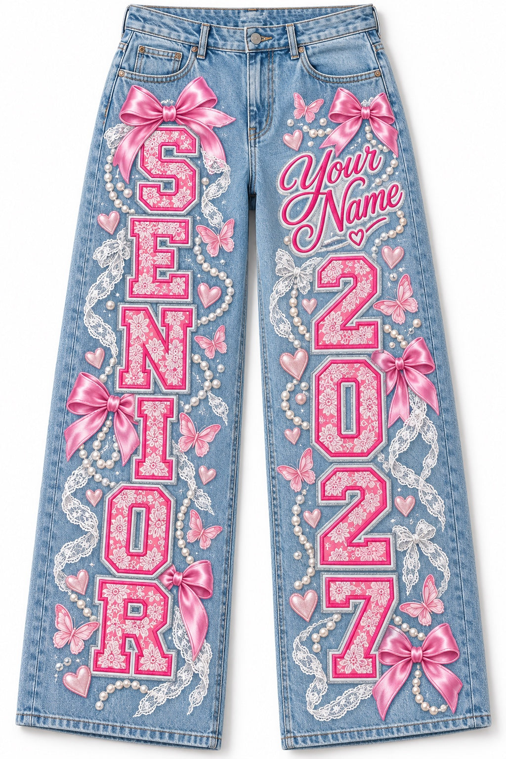 Pink Lace & Pearls Senior 2027 Custom Jeans — Pants Only design mockup