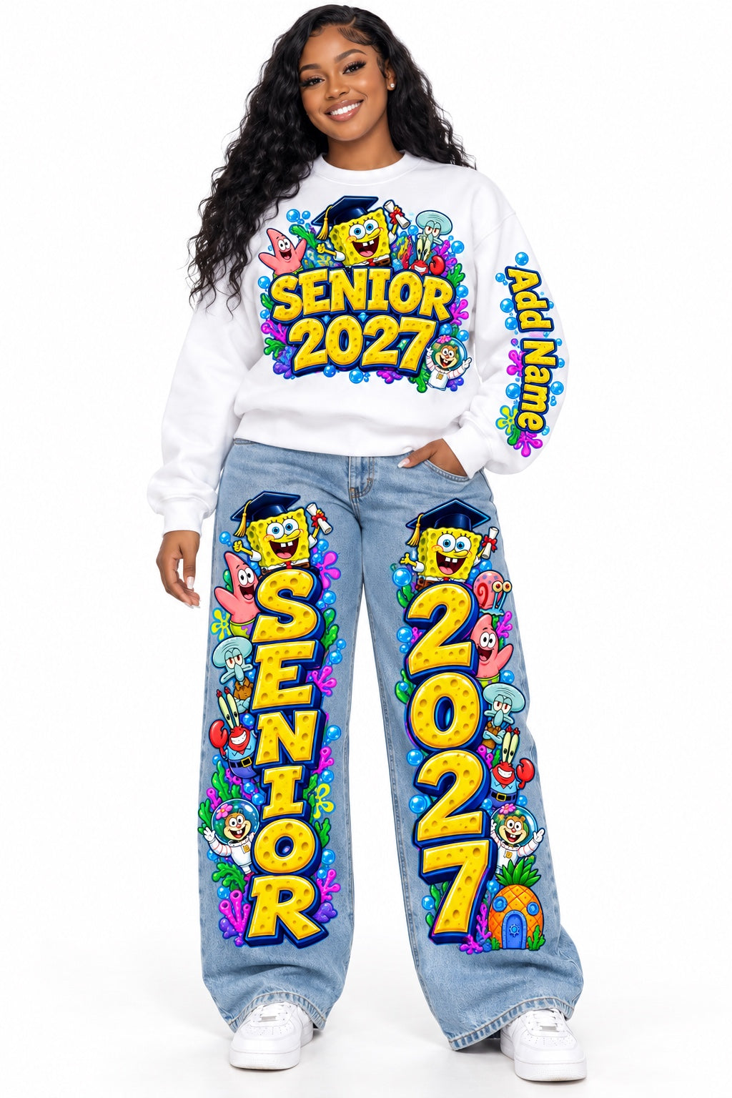 SpongeBob Senior 2027 sweatshirt and wide-leg jeans outfit mockup