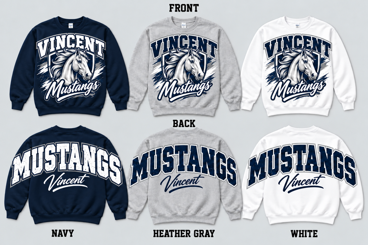 Vincent Mustangs front and back pullover mockups in Navy Heather Gray and White