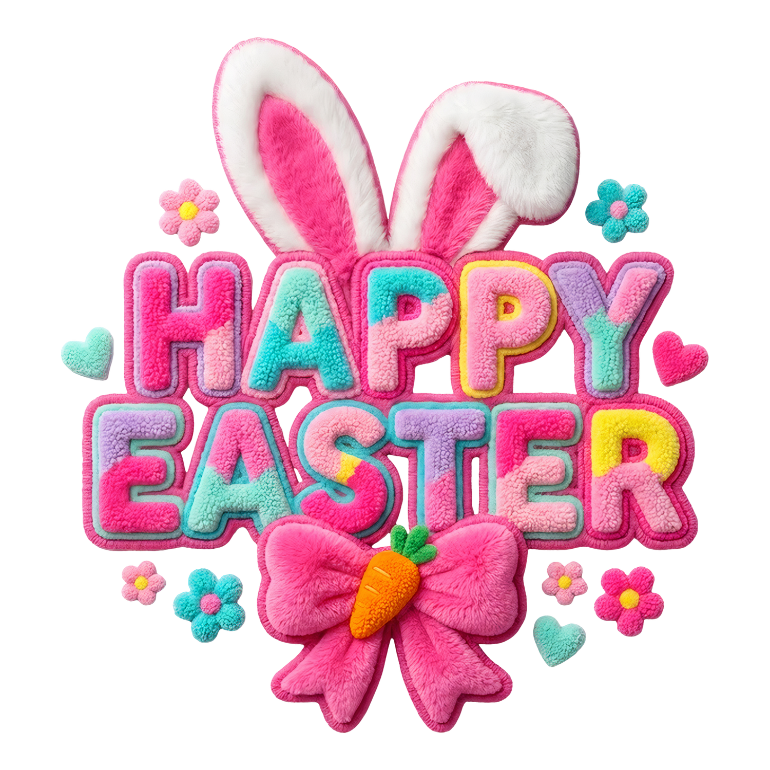 Family wearing pastel Easter collection shirts and accessories with bunny and egg designs during Easter celebration