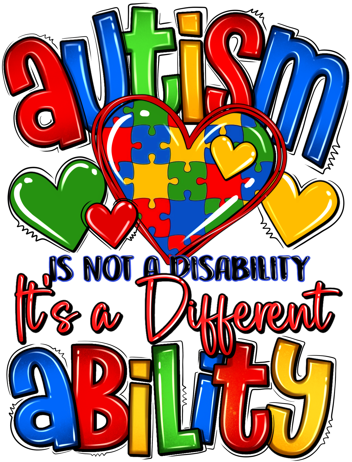 Autism Awareness collection with puzzle pieces, rainbow infinity symbols, and supportive designs