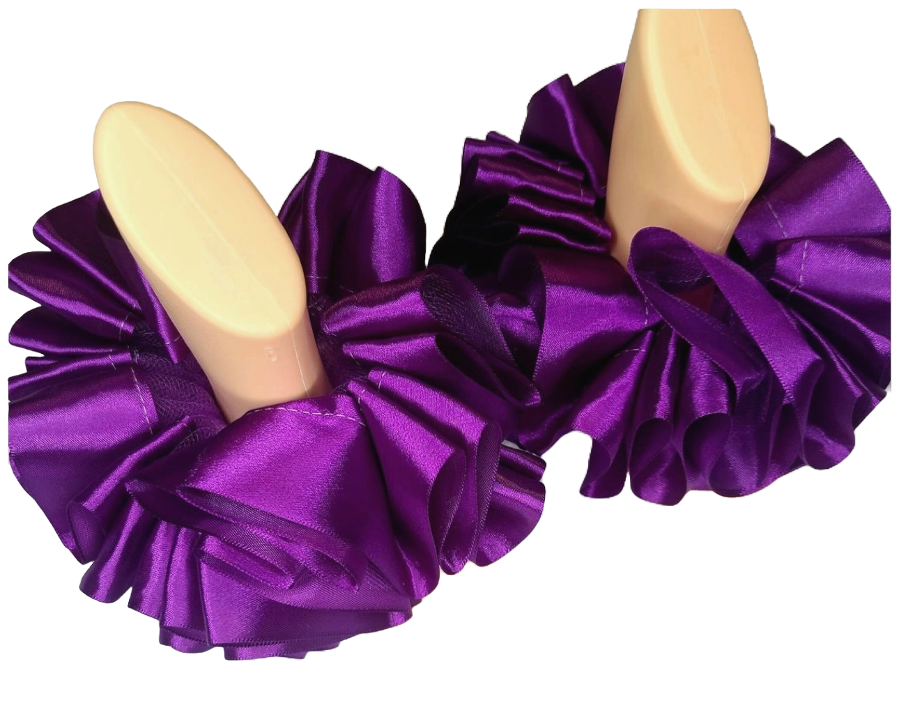 purple single color anklets with ruffled satin design on display feet model