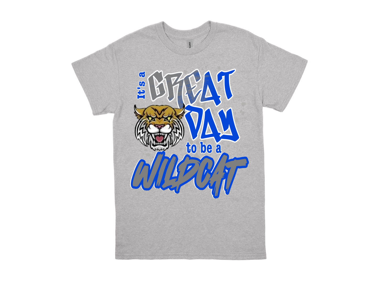 Gray ODOM Great Day To Be A Wildcat spirit shirt with wildcat graphic and bold blue text