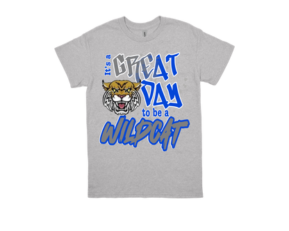 Gray ODOM Great Day To Be A Wildcat spirit shirt with wildcat graphic and bold blue text