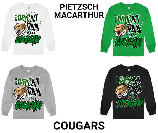 Pietzsch MacArthur Great Day to be a Cougar long sleeve shirt in white, green, gray, and black colors with school spirit design