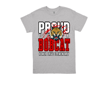 Gray Homer Drive-PROUD TO BE A BOBCAT t-shirt with school spirit design and bobcat mascot logo