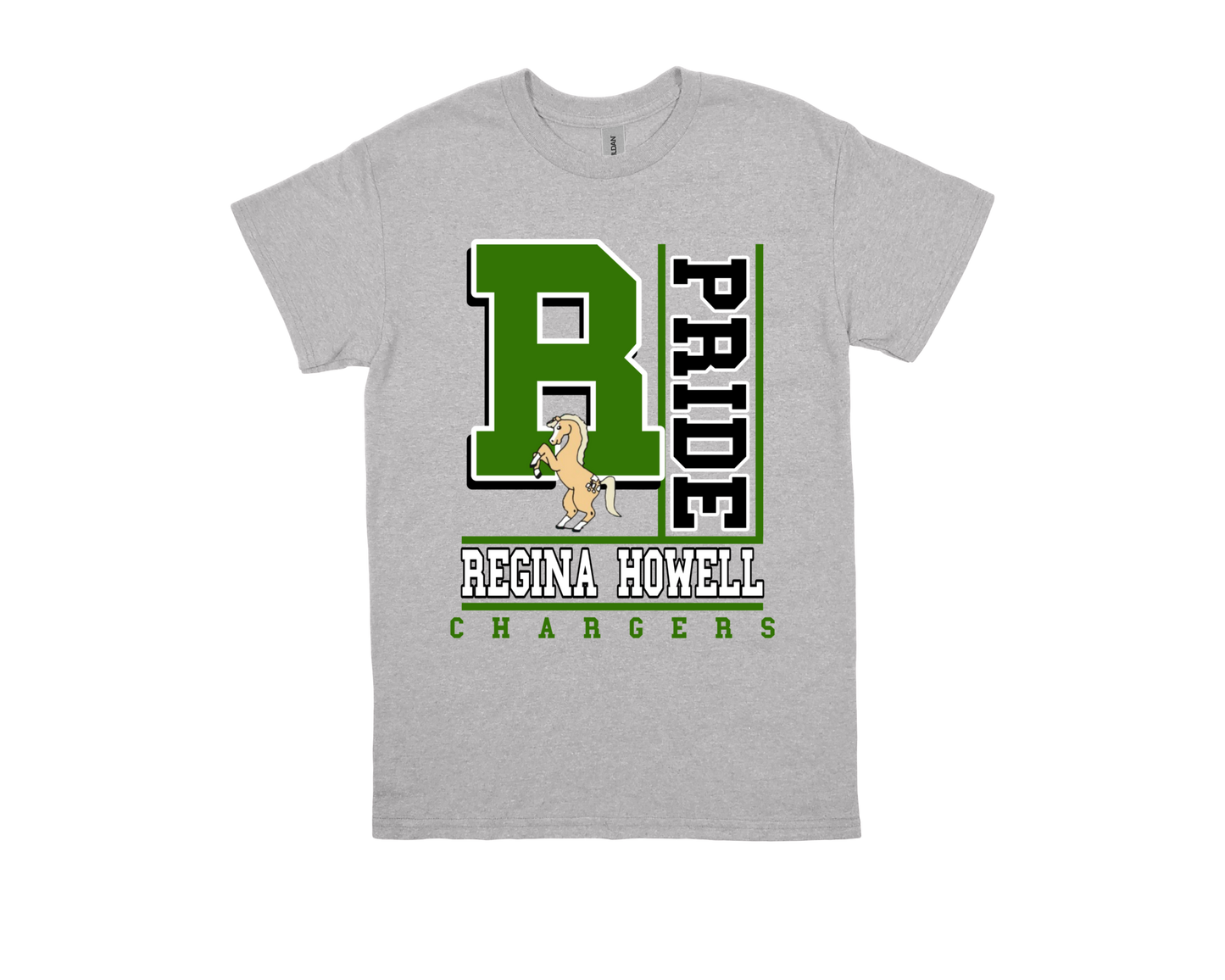Regina Howell-PRIDE shirt with green logo and horse mascot on gray fabric