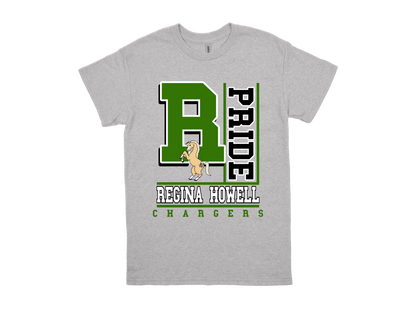 Regina Howell-PRIDE shirt with green logo and horse mascot on gray fabric
