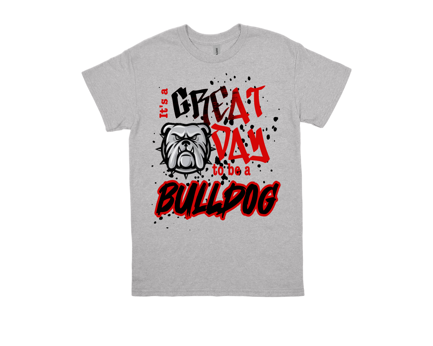 Marshall Great Day to Be a Bulldog gray school spirit t-shirt with bold lettering and bulldog graphic
