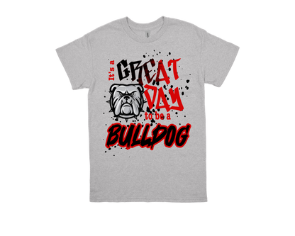 Marshall Great Day to Be a Bulldog gray school spirit t-shirt with bold lettering and bulldog graphic