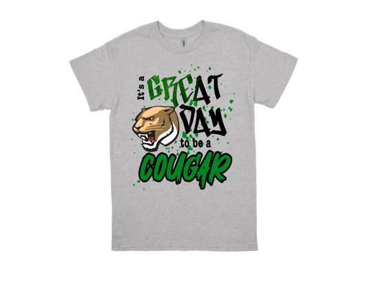 Pietzsch MacArthur gray t-shirt with "Great Day to Be a Cougar" and cougar graphic design