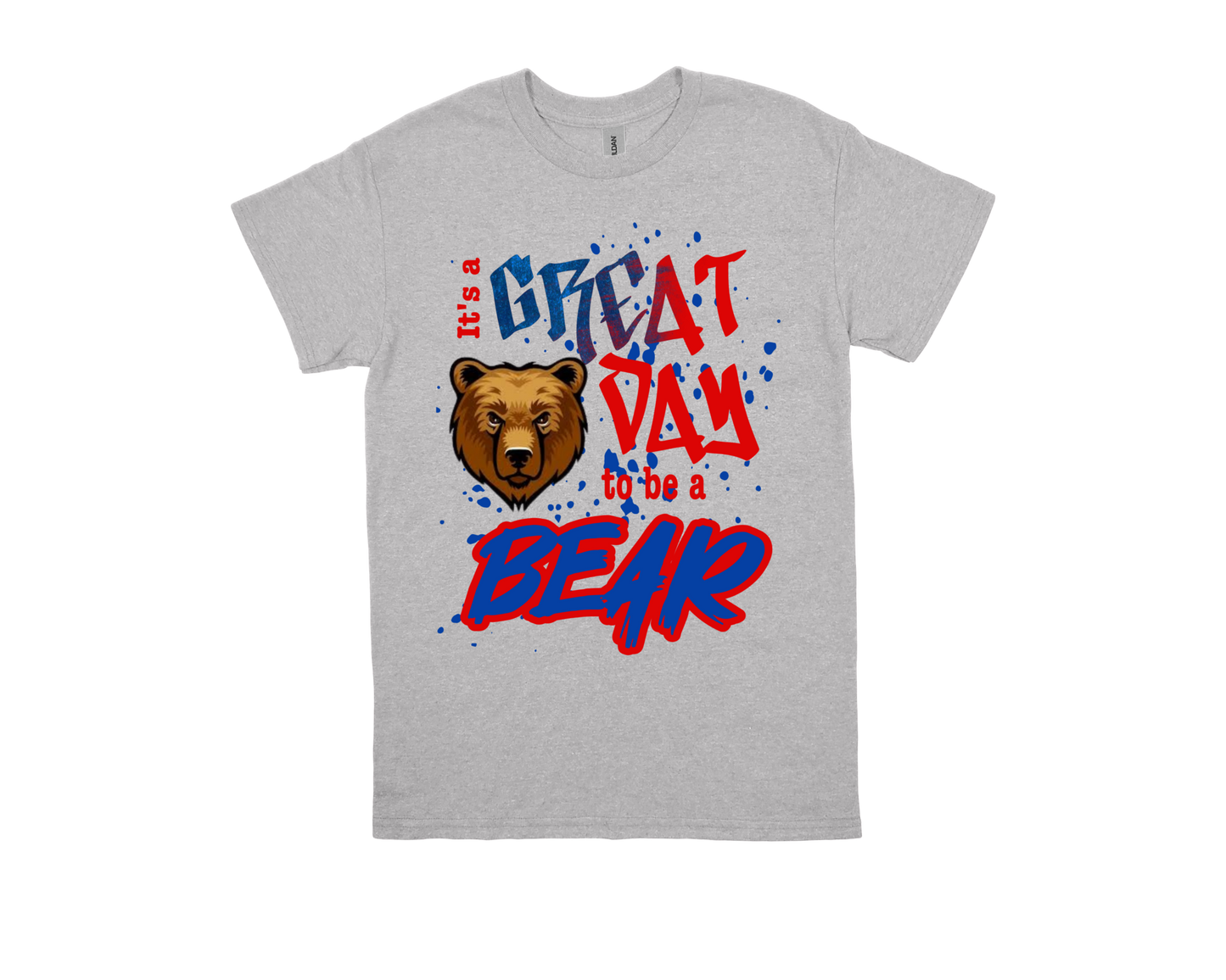Amelia GREAT DAY TO BE A BEAR grey school spirit t-shirt with bear graphic and colorful text design