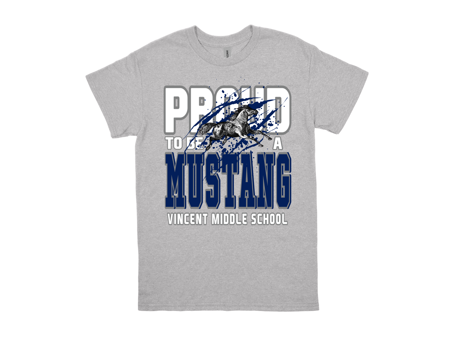 VINCENT- PROUD TO BE AN MUSTANG grey shirt with Mustang logo and school pride text