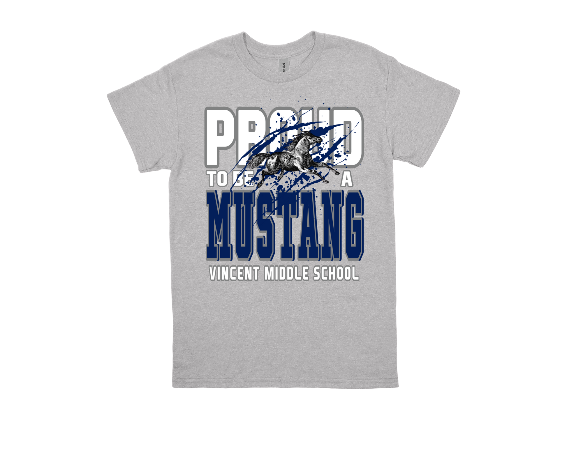 VINCENT- PROUD TO BE AN MUSTANG grey shirt with Mustang logo and school pride text