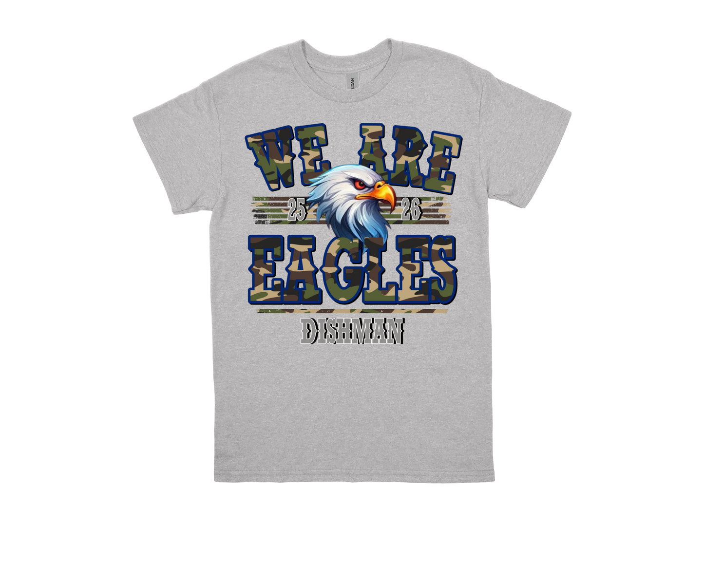 Dishman WE ARE EAGLES gray t-shirt with eagle graphic and camouflage text design