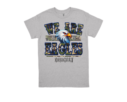 Dishman WE ARE EAGLES gray t-shirt with eagle graphic and camouflage text design