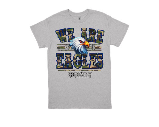 Dishman WE ARE EAGLES gray t-shirt with eagle graphic and camouflage text design