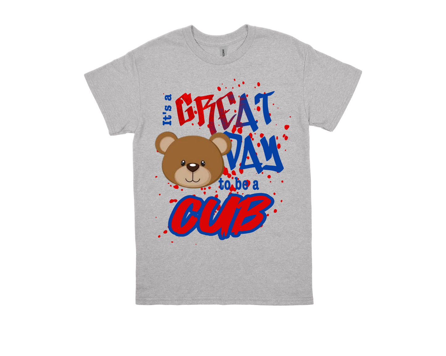 Caldwood "GREAT DAY TO BE A CUB" gray school spirit t-shirt with bear graphic and colorful text design