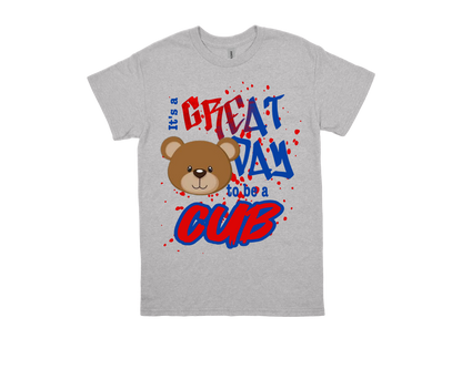 Caldwood "GREAT DAY TO BE A CUB" gray school spirit t-shirt with bear graphic and colorful text design