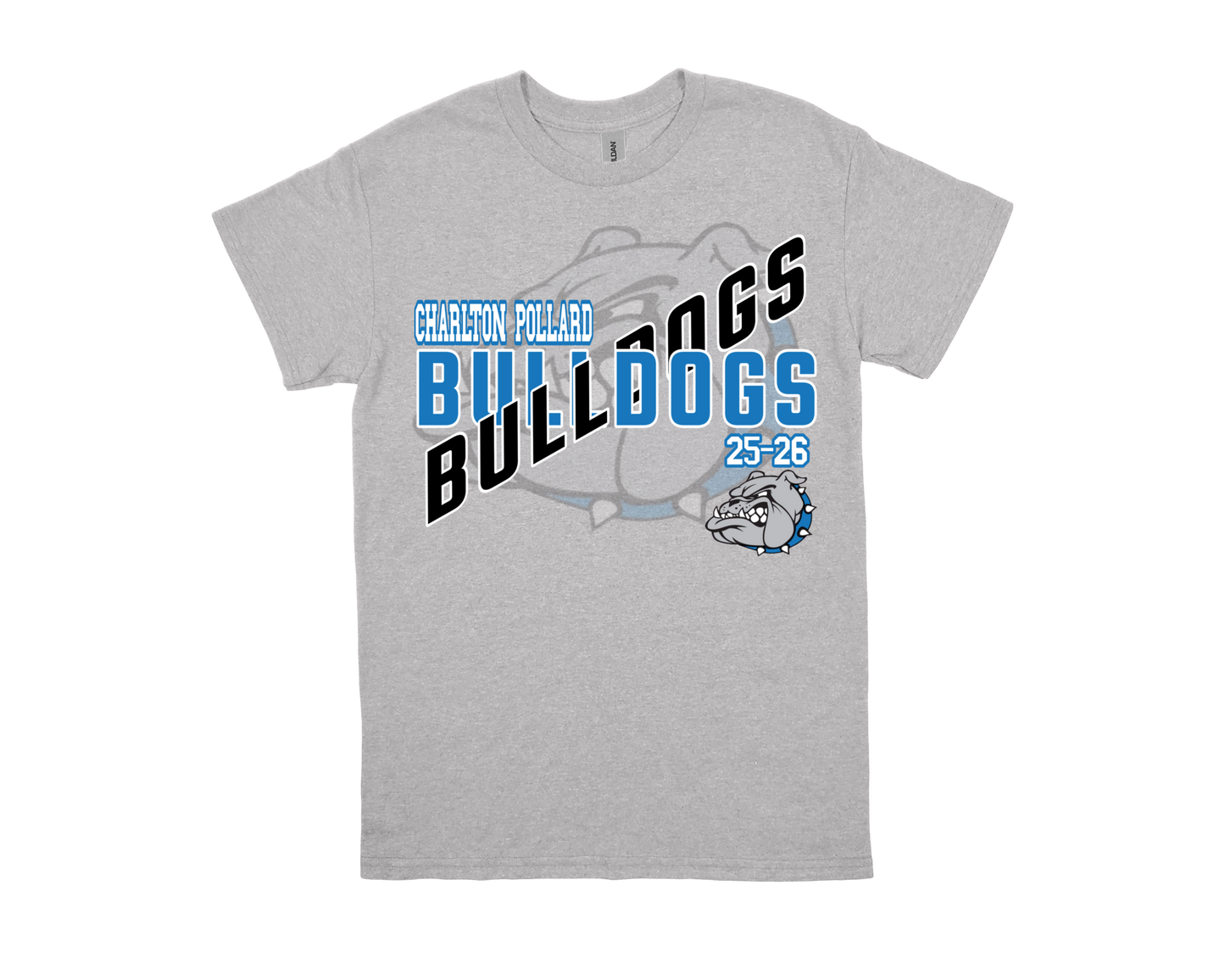 Gray Charlton Pollard Bulldogs t-shirt with blue and black text and bulldog graphic