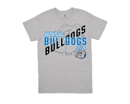 Gray Charlton Pollard Bulldogs t-shirt with blue and black text and bulldog graphic