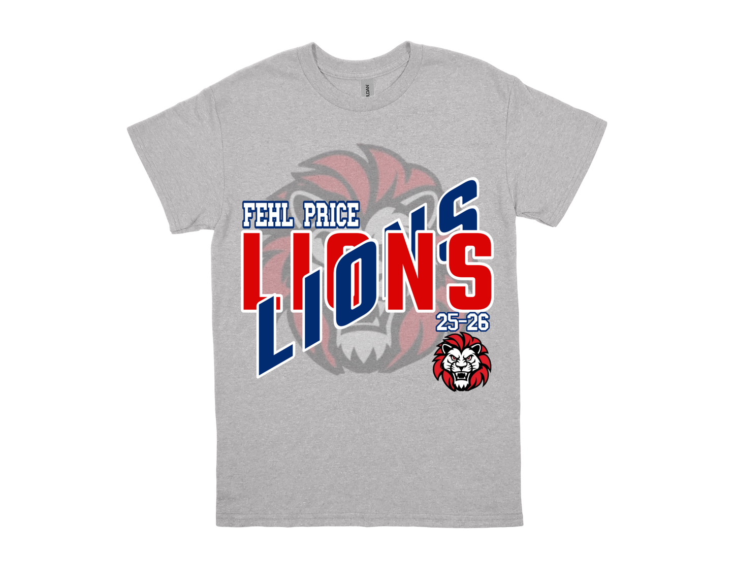 Fehl Price-LIONS gray school spirit shirt with lion logo and bold red and blue text