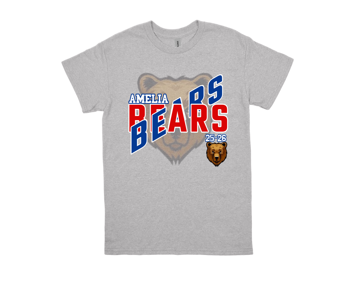 Amelia-BEARS gray school spirit shirt with bear logo and red blue lettering