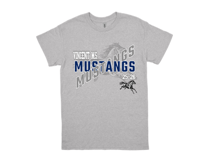 Vincent-MUSTANGS school spirit shirt in gray with blue and white text and mustang design