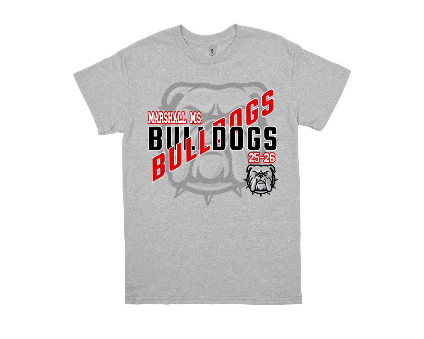 Gray Marshall Bulldogs shirt with bold red and black school spirit design featuring a bulldog logo and the text "Marshall M.S. Bulldogs 25-26"