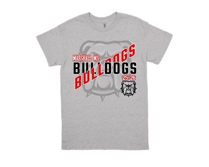 Gray Marshall Bulldogs shirt with bold red and black school spirit design featuring a bulldog logo and the text "Marshall M.S. Bulldogs 25-26"